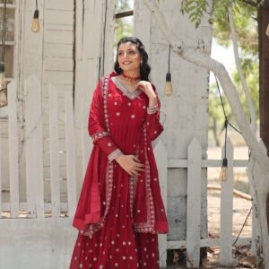 Maroon Designer Faux Blooming Anarkali Gown with Sequins Embroidered Dupatta ? Wedding & Festive Wear