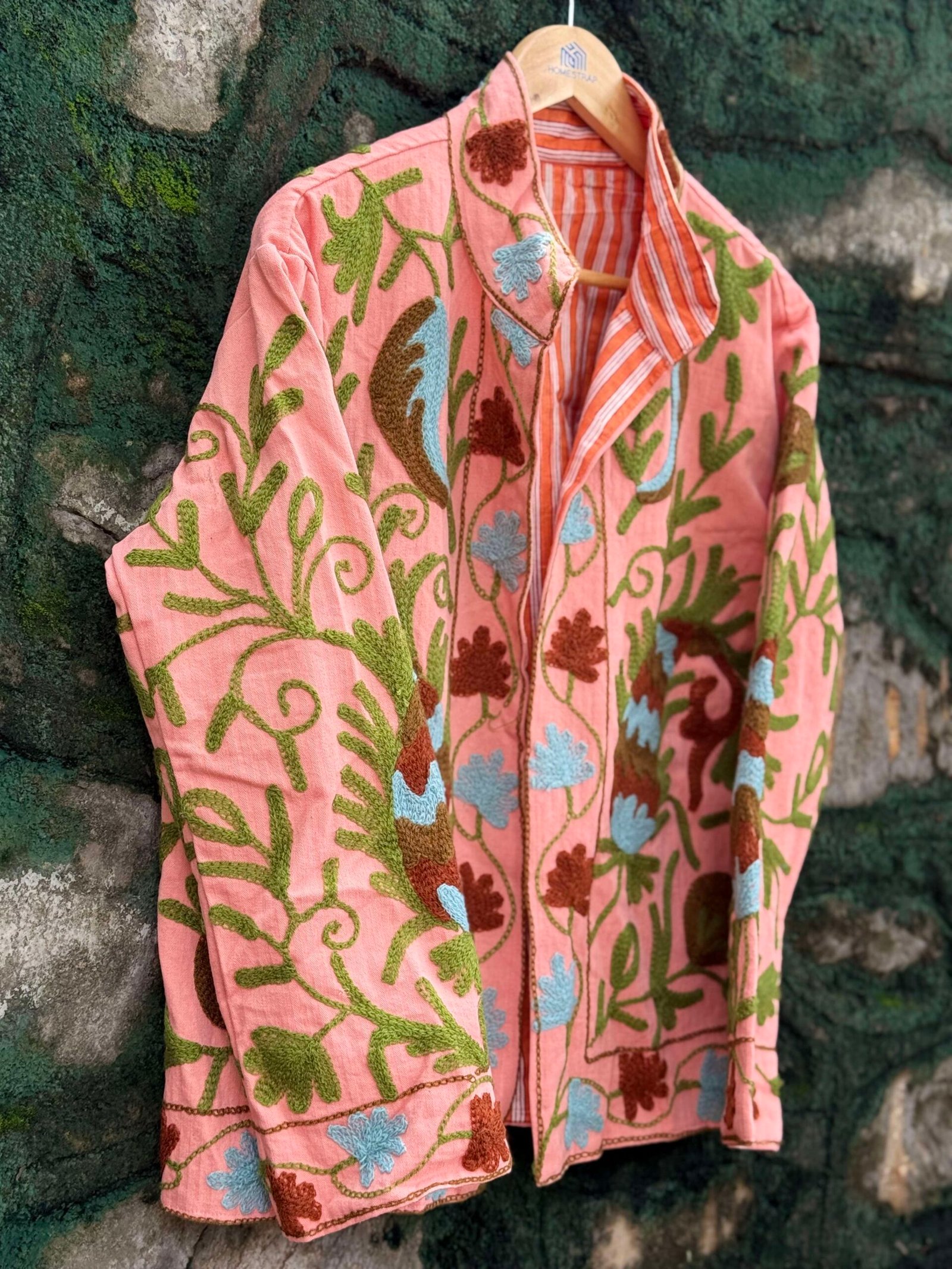 Womens Light Pink Velvet Embroidered Jacket with Floral Design - Image 7