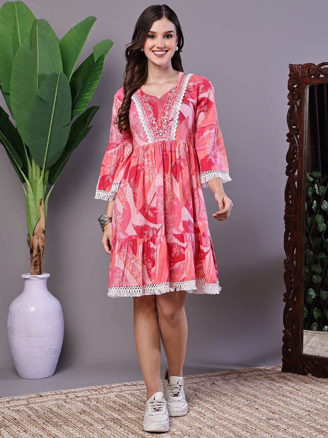 Wome's Pink Floral Printed Cotton A-Line Dress with Embroidered Yoke Midi Dresses