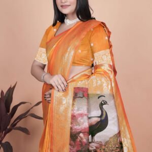 Radiant Orange Silk Saree with Golden Zari & Peacock Pallu | Festive, Wedding & Traditional Wear