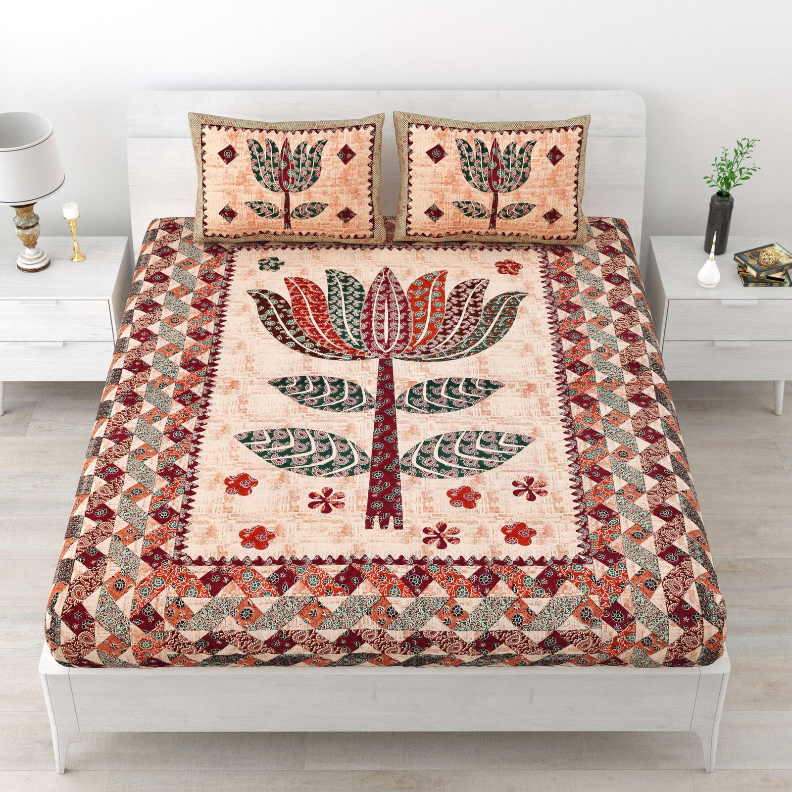 Rajasthani Traditionally Printed Cotton Doublebed Bedsheet With Pack of 2 Pillow Covers