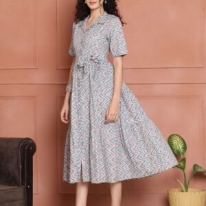 Women's Cotton Printed A-Line Midi Dress | Short Sleeve Flared Gown Dress (Grey)